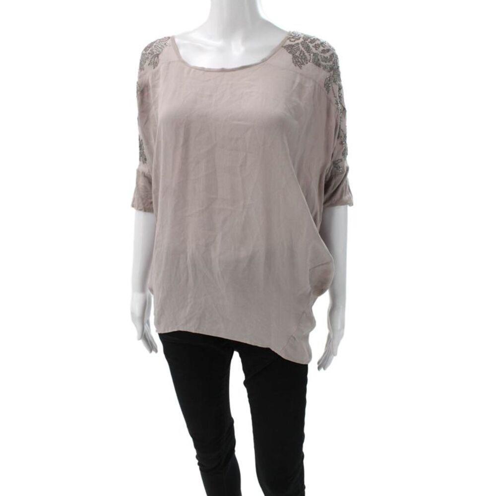 Gold Hawk Womens Basic Floral Scoop Neck Short Sleeve Blouse Beige Size XS